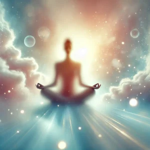 Egy személy, aki békésen meditál egy nyugodt környezetben, a meditáció és relaxációs technikák fontosságát szimbolizálva.